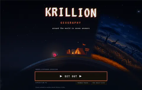 Krillion Geography start screen above a night-time landscape