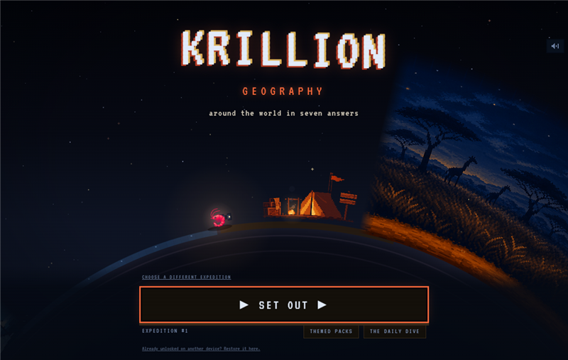 Krillion Geography start screen above a night-time landscape