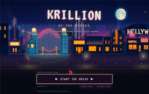 Krillion Movies start screen on a pixel-art Hollywood street