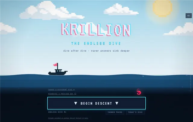 Official Krillion Endless Dive start screen over a pixel-art ocean